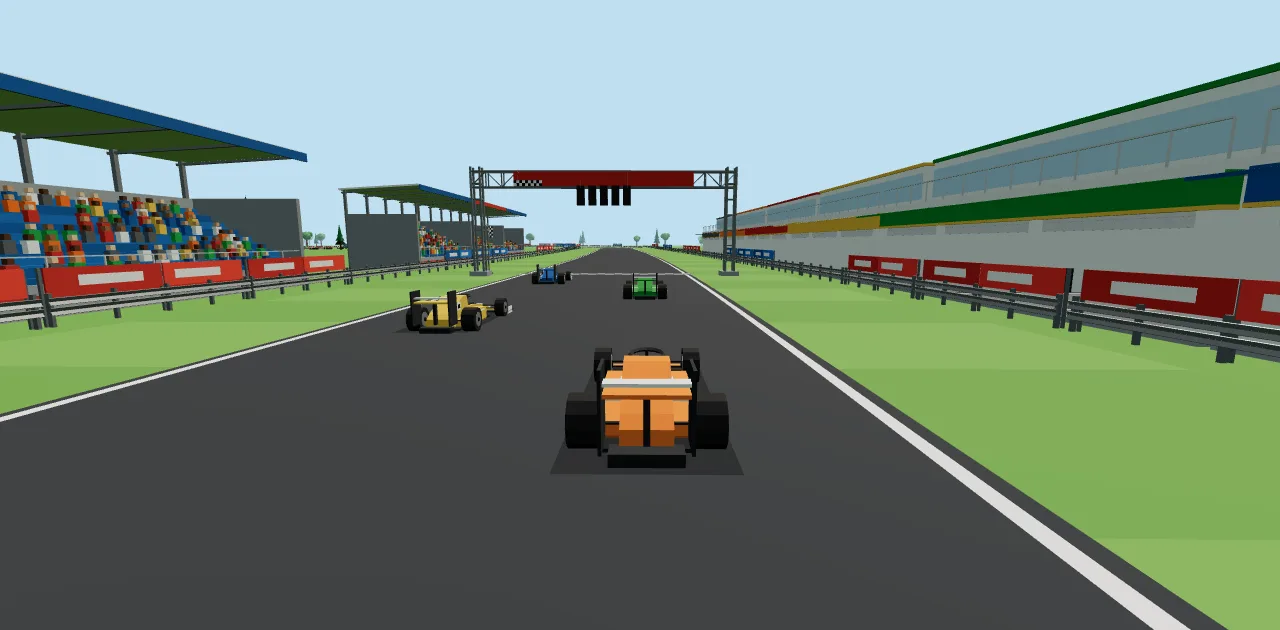 Low-poly formula cars racing past a grandstand, from Tridsy Grand Prix