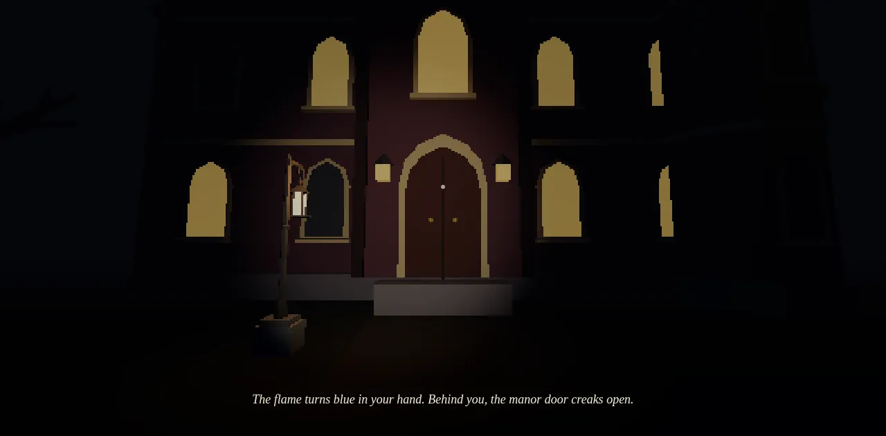A gothic manor glowing in the fog, from the Whitlock Manor demo